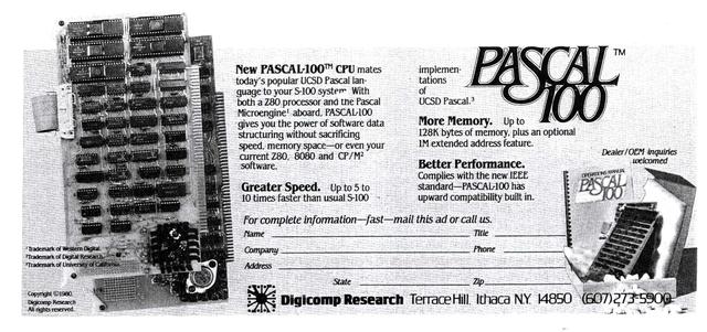 Advertisement for the Digicomp PASCAL-100, a two-board CPU for the S-100 bus based on the WD/9000 Microengine chipset.
