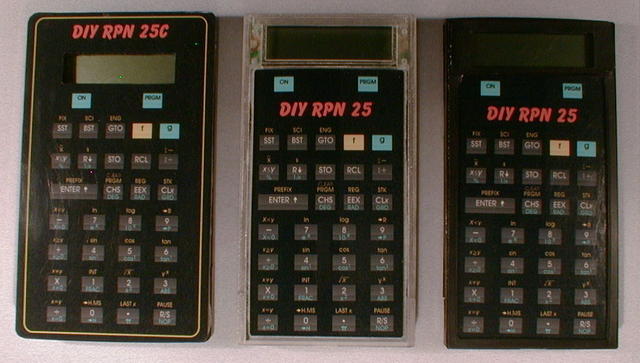 A DIY1 and two DIY2 calculators.
The DIY1 uses a modified off-the-shelf case with a laminated photo paper overlay.
The DIY2 us